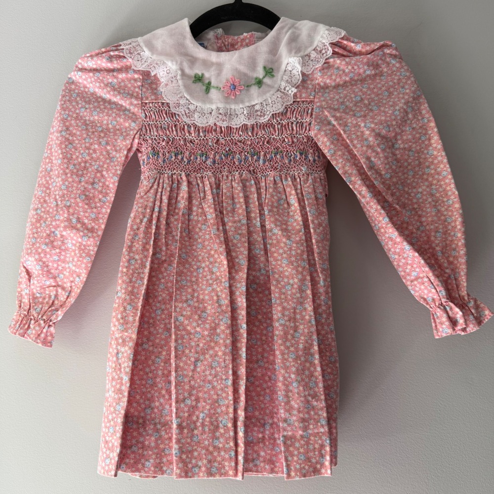 Vintage Smocked Floral Dress Girls Toddler Pink Lace Collar Long Sleeve‎